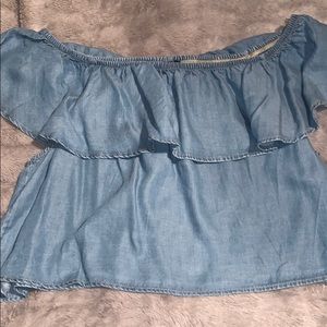 Blue denim off the shoulder shirt